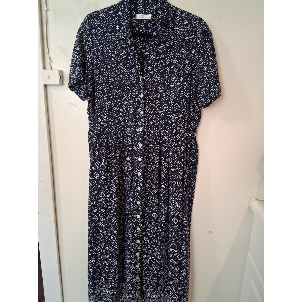 St Michael Marks & Spencer Vintage Navy Floral Button Front Midi Dress Womens